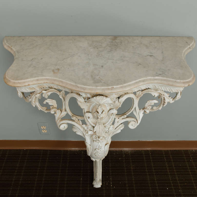 19th Century Pair French Wall-Mounted Highly Carved Consoles with Marble Tops