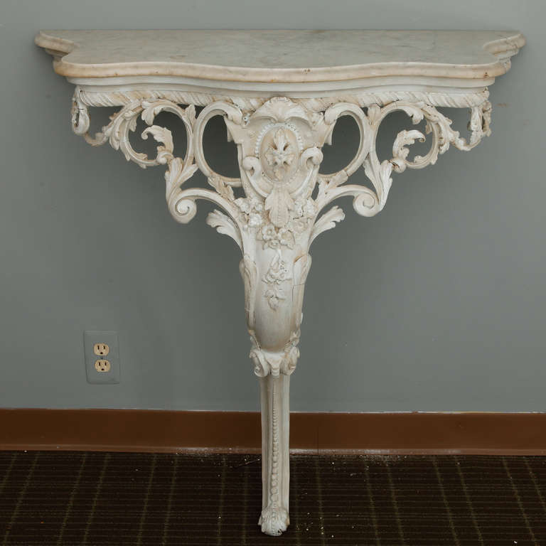 Pair French Wall-Mounted Highly Carved Consoles with Marble Tops 1