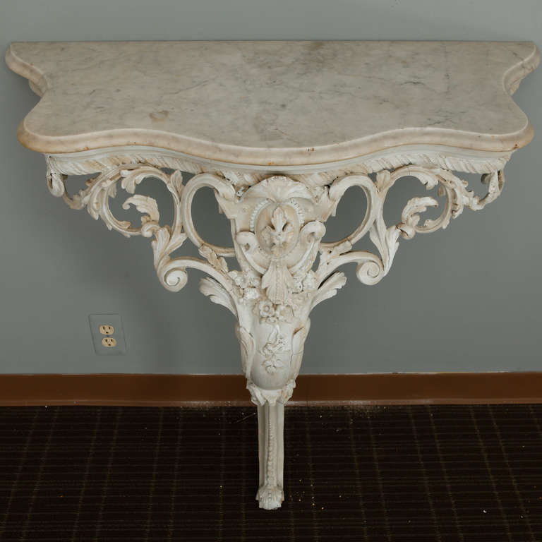 Pair French Wall-Mounted Highly Carved Consoles with Marble Tops 2