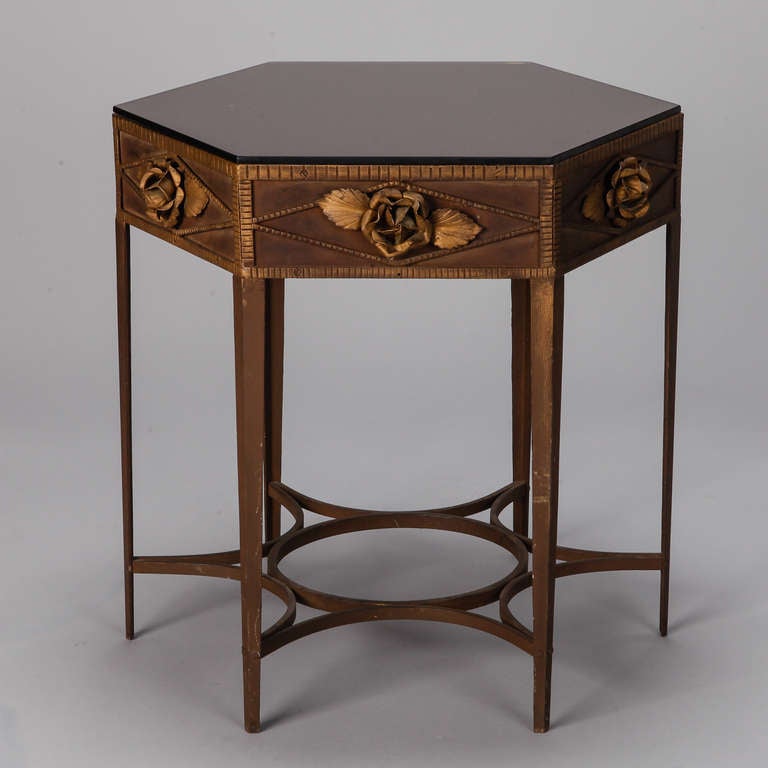 French Art Deco Gilded Iron Side Table with Roses