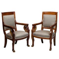 Antique Pair of French Newly Upholstered Mahogany and Parcel-Gilt Chairs