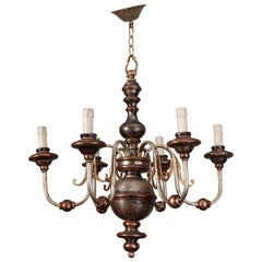 Antique Silver Leaf Wood and Iron Six-Arm Italian Chandelier