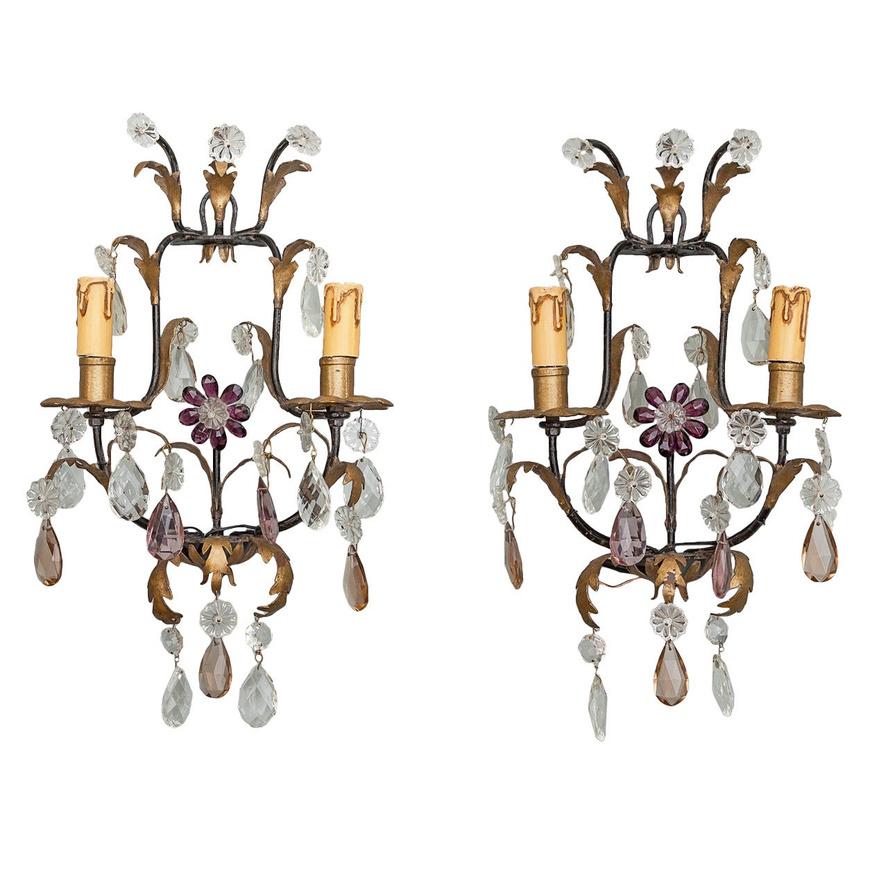 Pair of Italian Two-Light Tole and Crystal Sconces