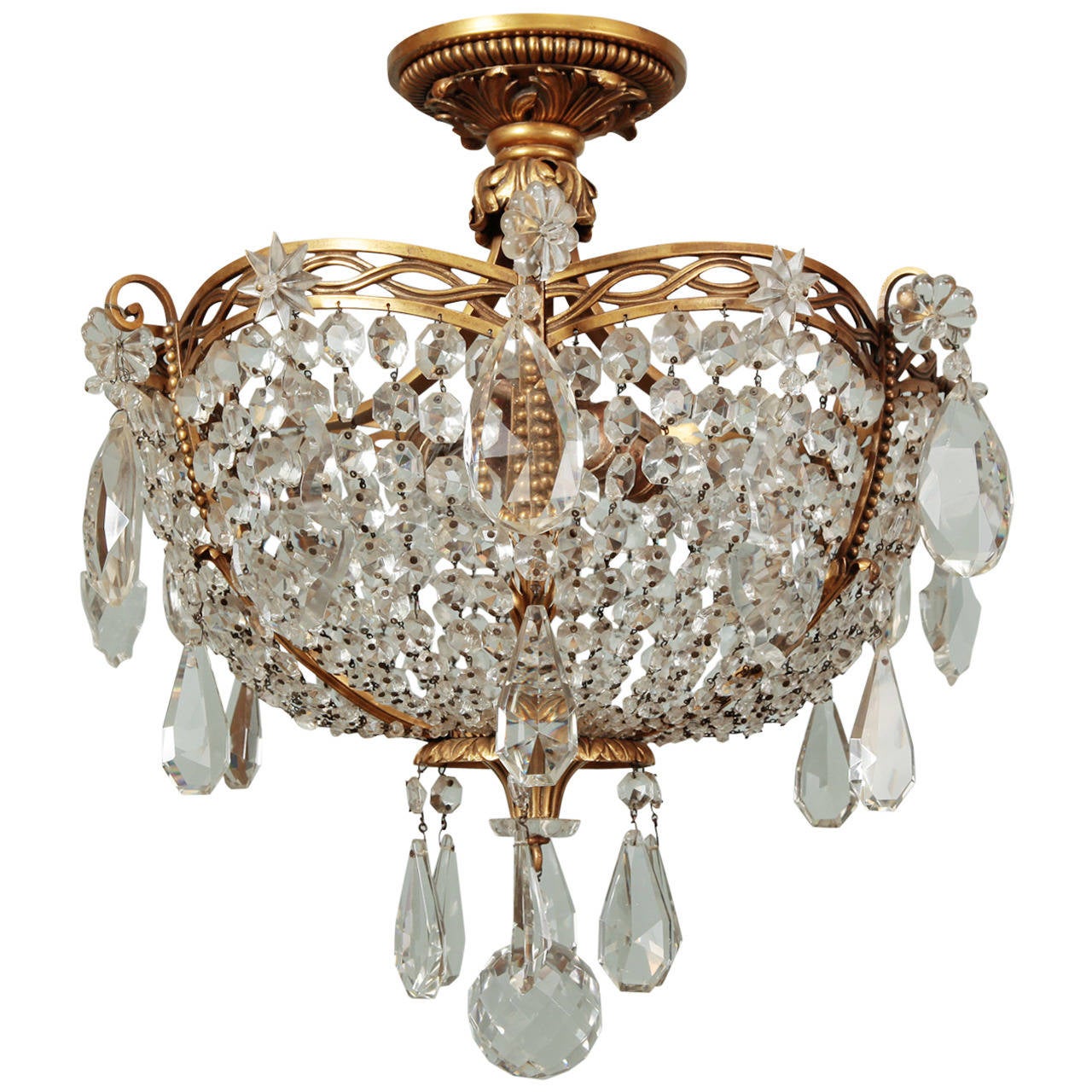 Unusual Crystal and Brass Chandelier with Large Crystal Drops at 1stdibs