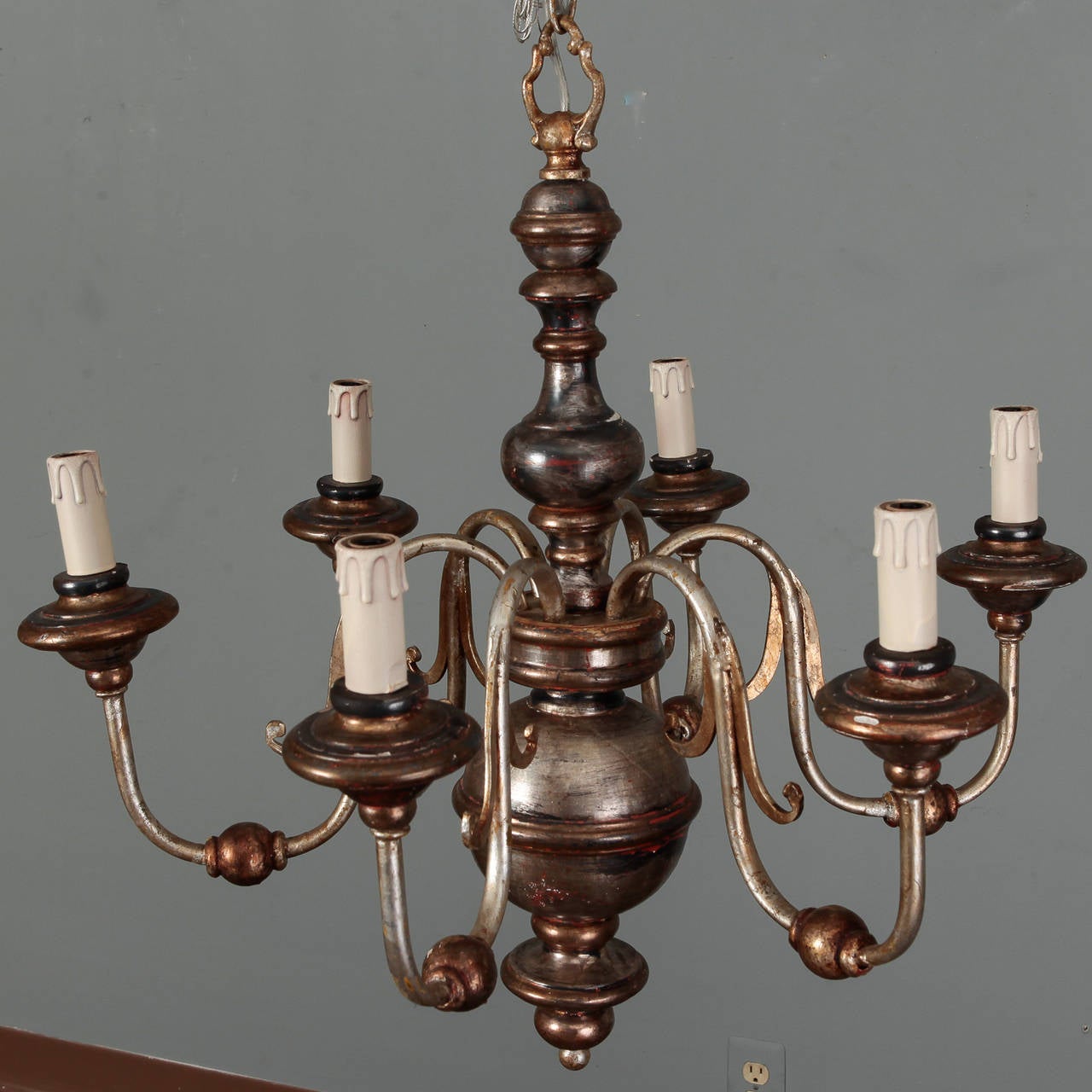 Silver Leaf Wood and Iron SixArm Italian Chandelier For Sale at