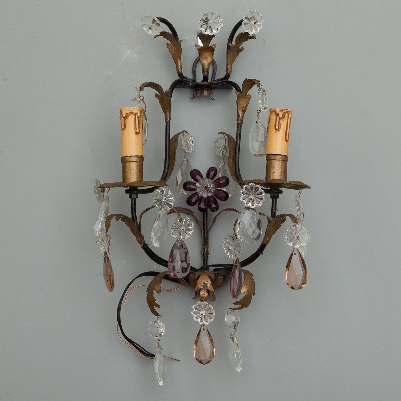 Pair of Italian Two-Light Tole and Crystal Sconces 3