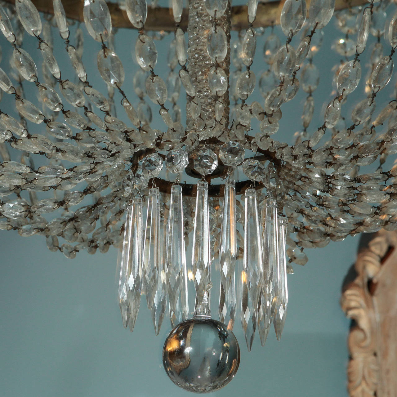 Brass Large All-Crystal Cascade Chandelier with Beaded Center Shaft