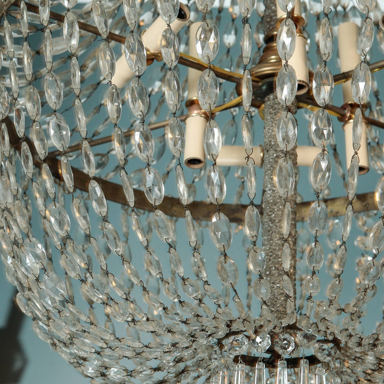 Early 20th Century Large All-Crystal Cascade Chandelier with Beaded Center Shaft