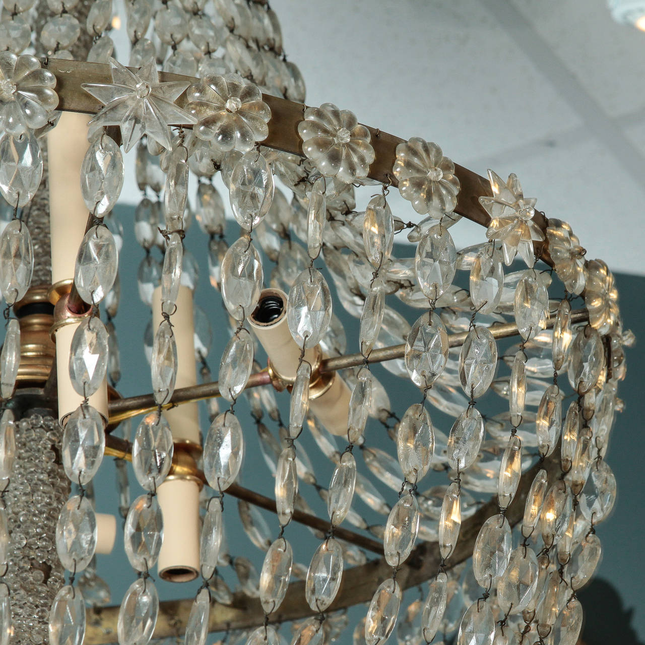 French Large All-Crystal Cascade Chandelier with Beaded Center Shaft