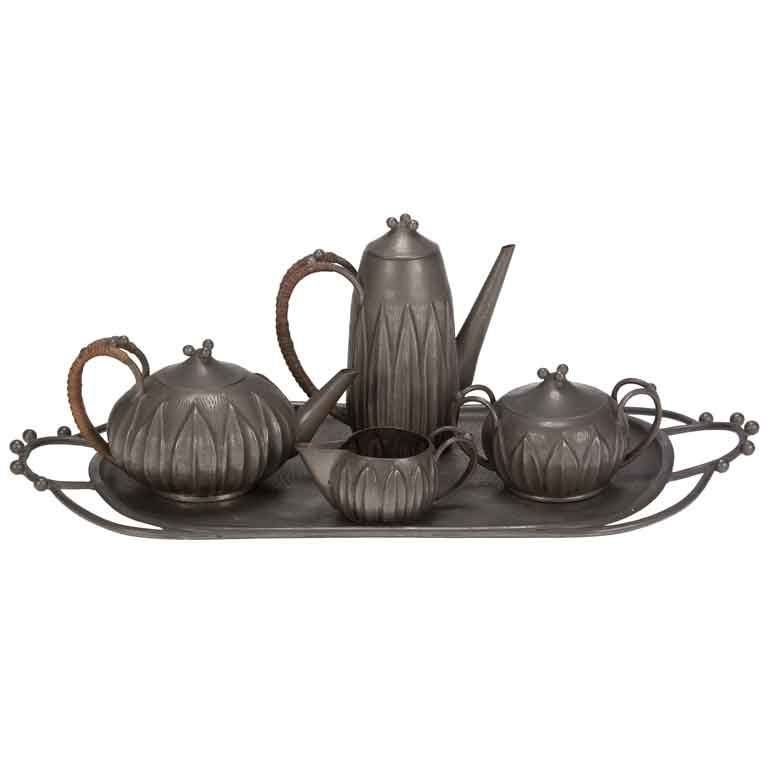 Art Deco Botanical Pewter Coffee Set on Tray at 1stDibs