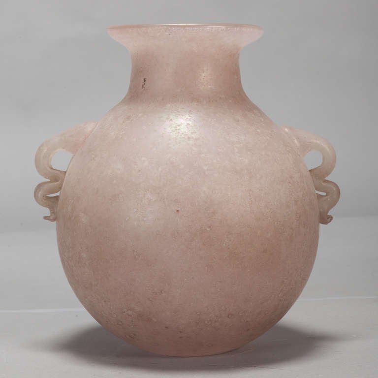 Circa 1960s Scavo style pale pink vase in classic amphora form with double loop applied handles.