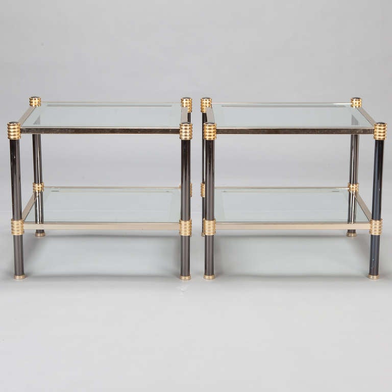 Mid-Century Modern Pair Chrome Brass and Glass Side Tables with Black Enamel Legs