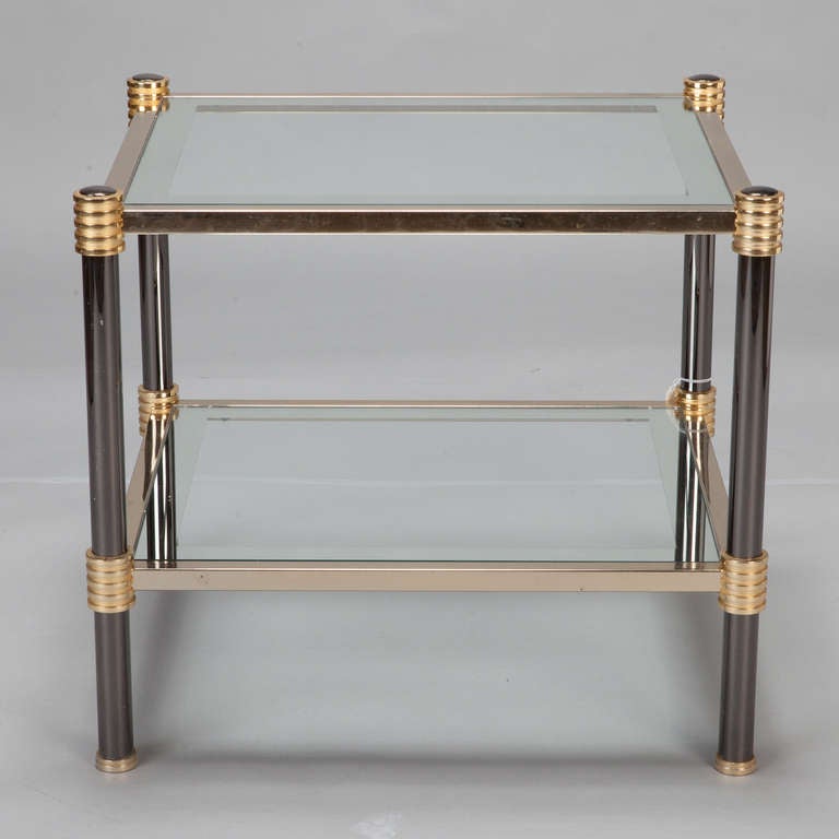 Pair Chrome Brass and Glass Side Tables with Black Enamel Legs In Excellent Condition In Troy, MI