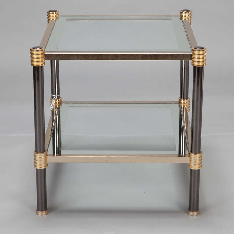 Unknown Pair Chrome Brass and Glass Side Tables with Black Enamel Legs