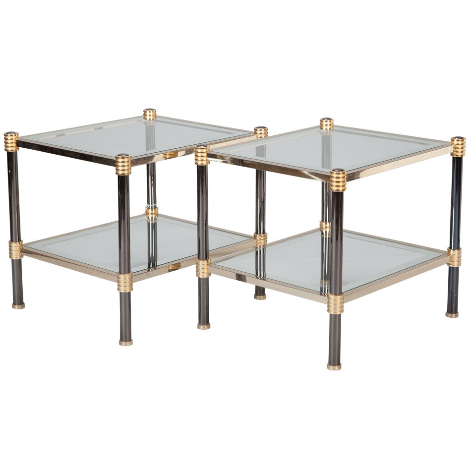 Pair Chrome Brass and Glass Side Tables with Black Enamel Legs