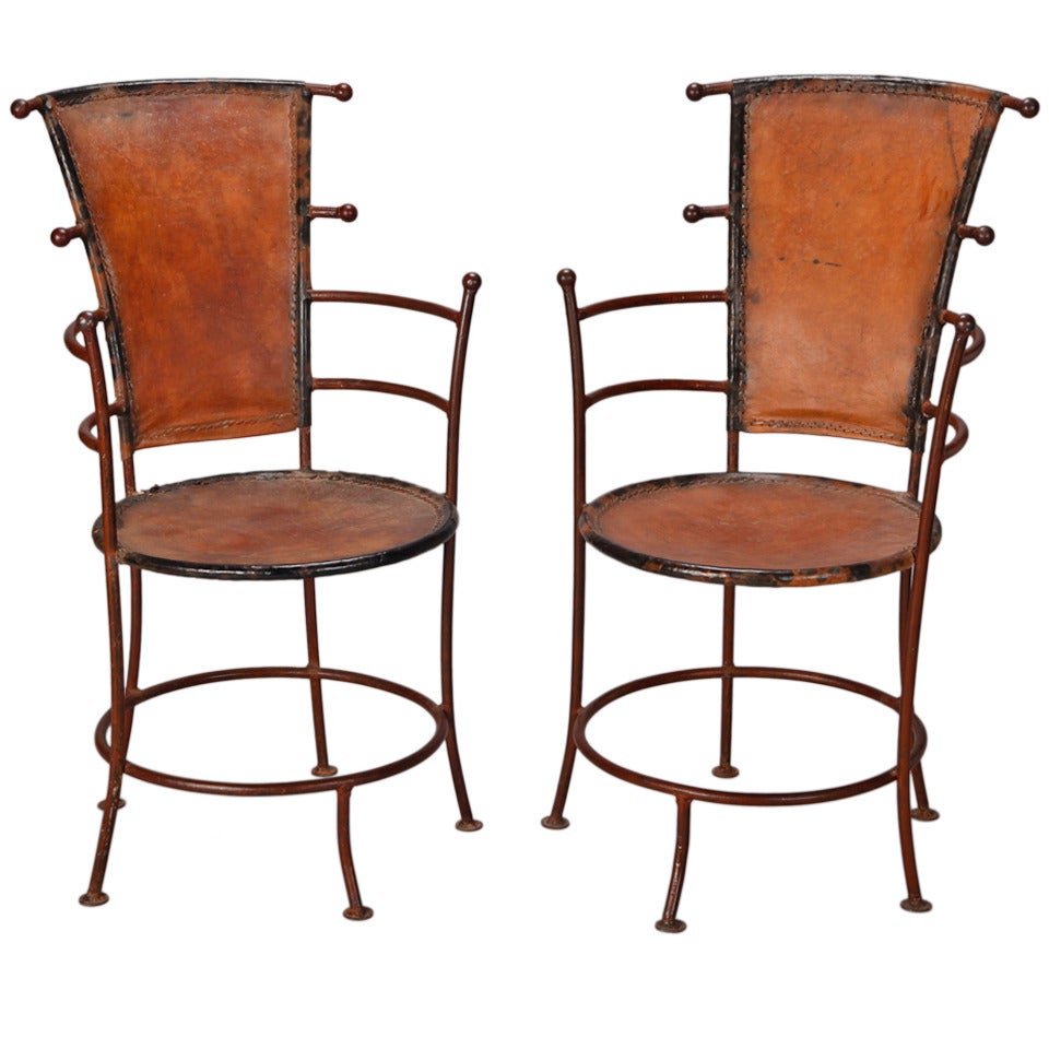Pair of French Industrial Iron and Leather Chairs