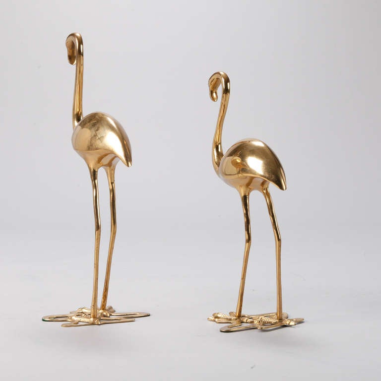 Pair Mid Century Brass Flamingos In Excellent Condition In Troy, MI