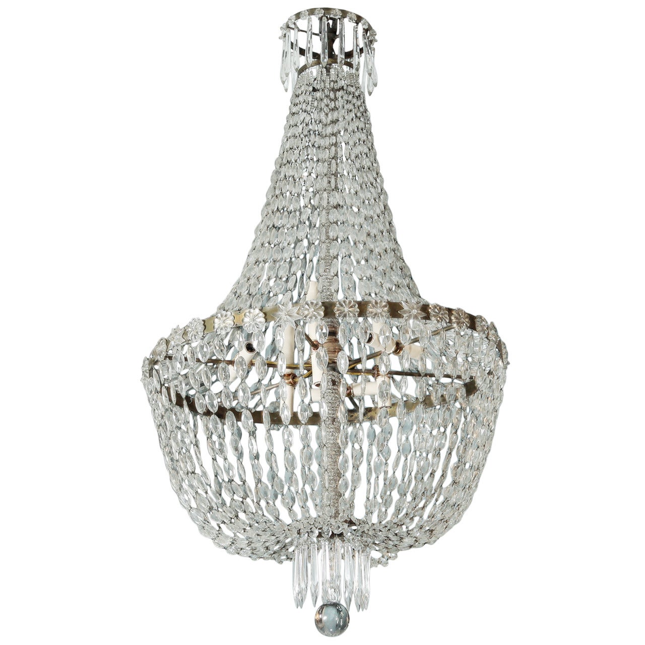 Large All-Crystal Cascade Chandelier with Beaded Center Shaft