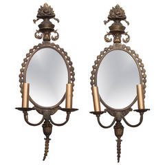 Pair of French Dark Bronze Mirror Back Sconces