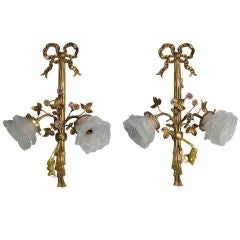 Pair French Brass Crystal Sconces with Porcelain Flowers