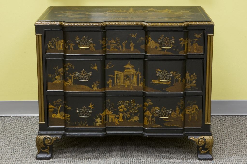 Three Drawer Black and Gold Chinoiserie Cabinet