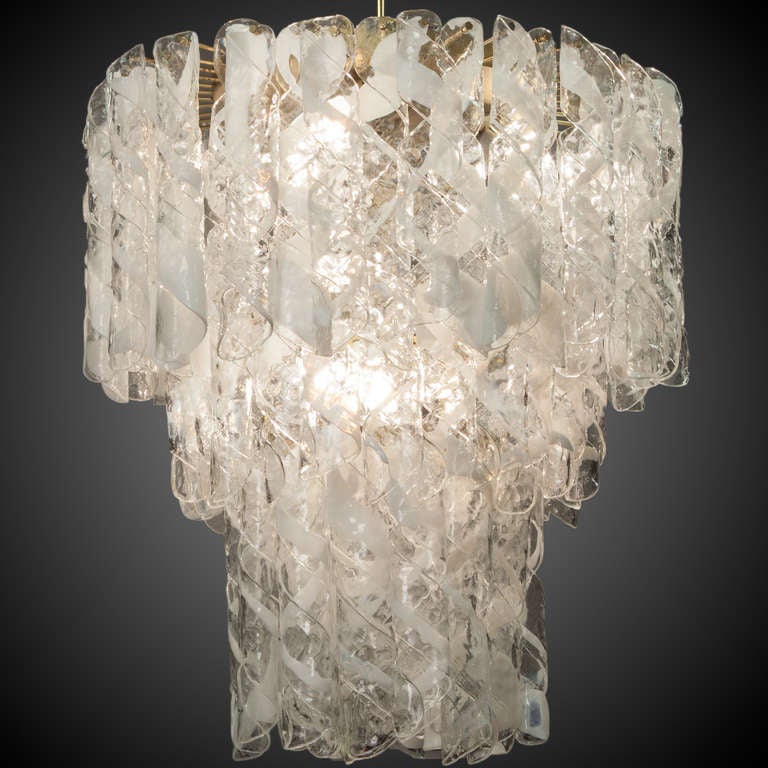 Monumental Mazzega Torciglione Clear and Opaline Glass Murano Chandelier