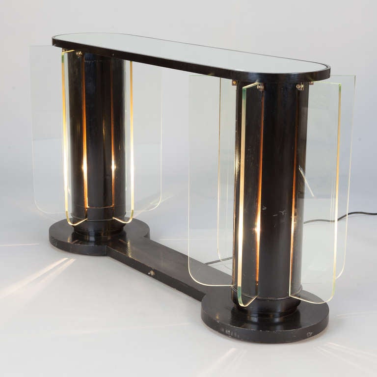 French Art Deco Console with Light Up Supports and Glass Inserts In Excellent Condition In Troy, MI