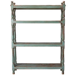 Antique Open Shelf Deed Rack Etagere with Worn Teal Blue Paint