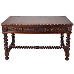 Dutch Highly Carved Oak Desk with Leather Top