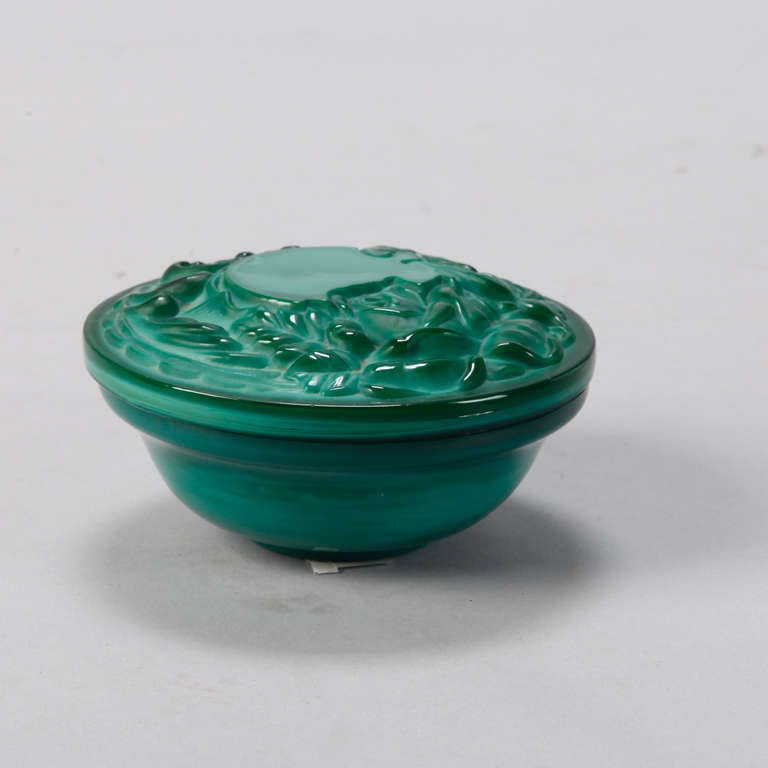 Bohemian Round Malachite Glass Box with Vines In Excellent Condition In Troy, MI