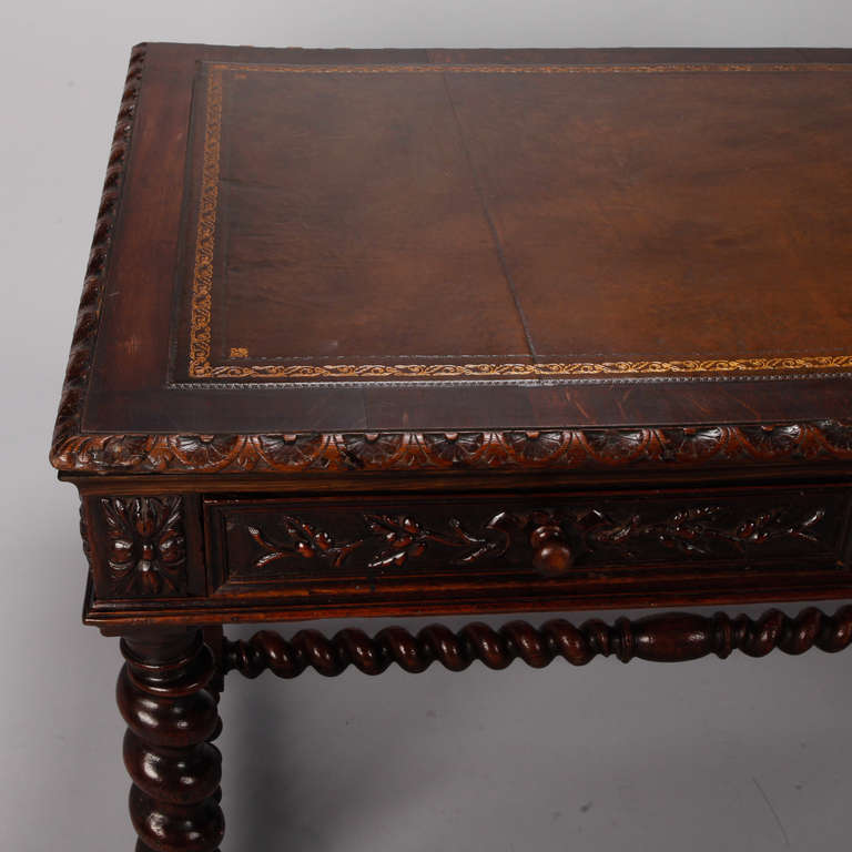 Dutch Highly Carved Oak Desk with Leather Top