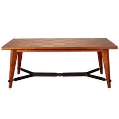 Art Deco Style Beechwood Table with Two Leaves and Iron Stretcher