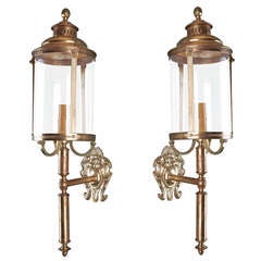 Antique Pair Large Bronze Lantern Style Sconces