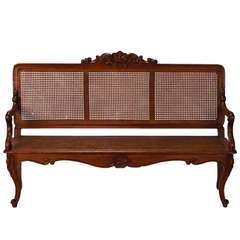 French Caned Bench with Cabriole Legs and Carved Crest