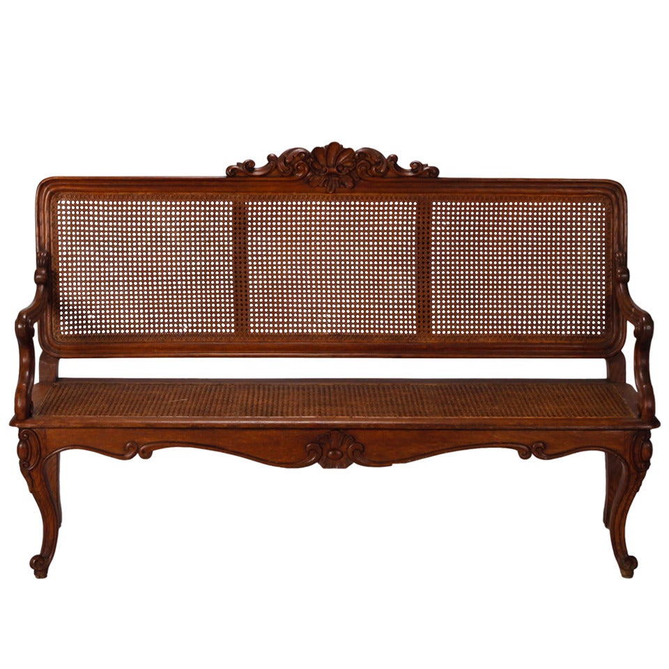 French Caned Bench with Cabriole Legs and Carved Crest