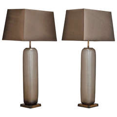 Pair Mid Century Tall Taupe Etched Glass Table Lamps