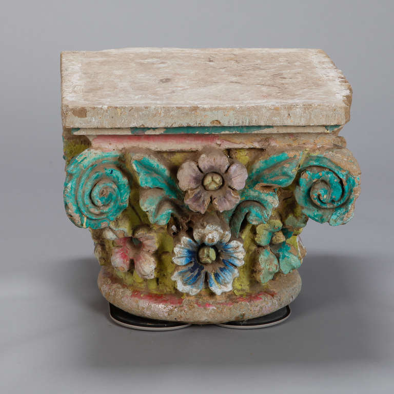 French stone / cement capital with sculpted and painted flowers makes a great low table or base for larger indoor or outdoor table, circa 1900.