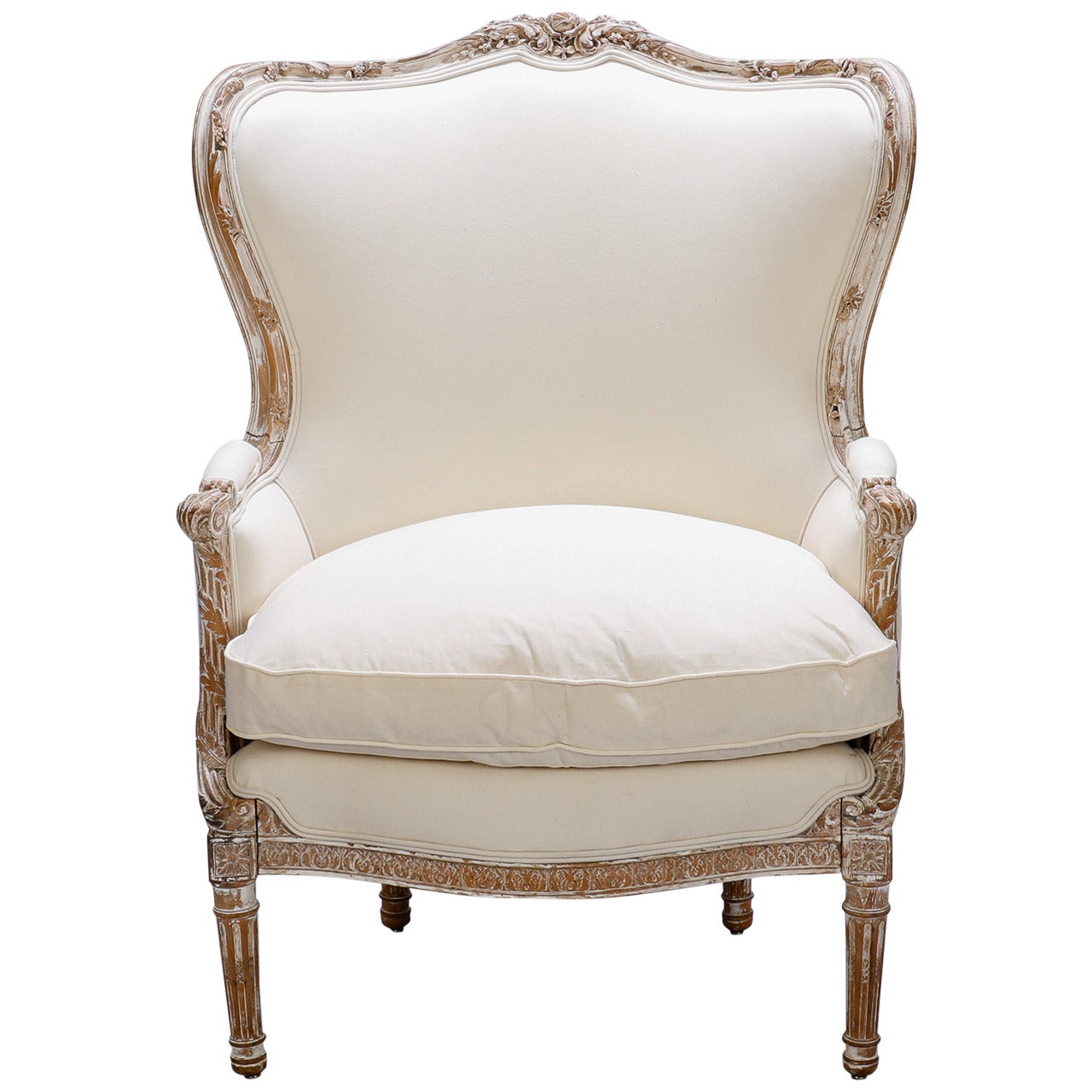 Large Wing-Back Bergere with Carved and Painted Frame