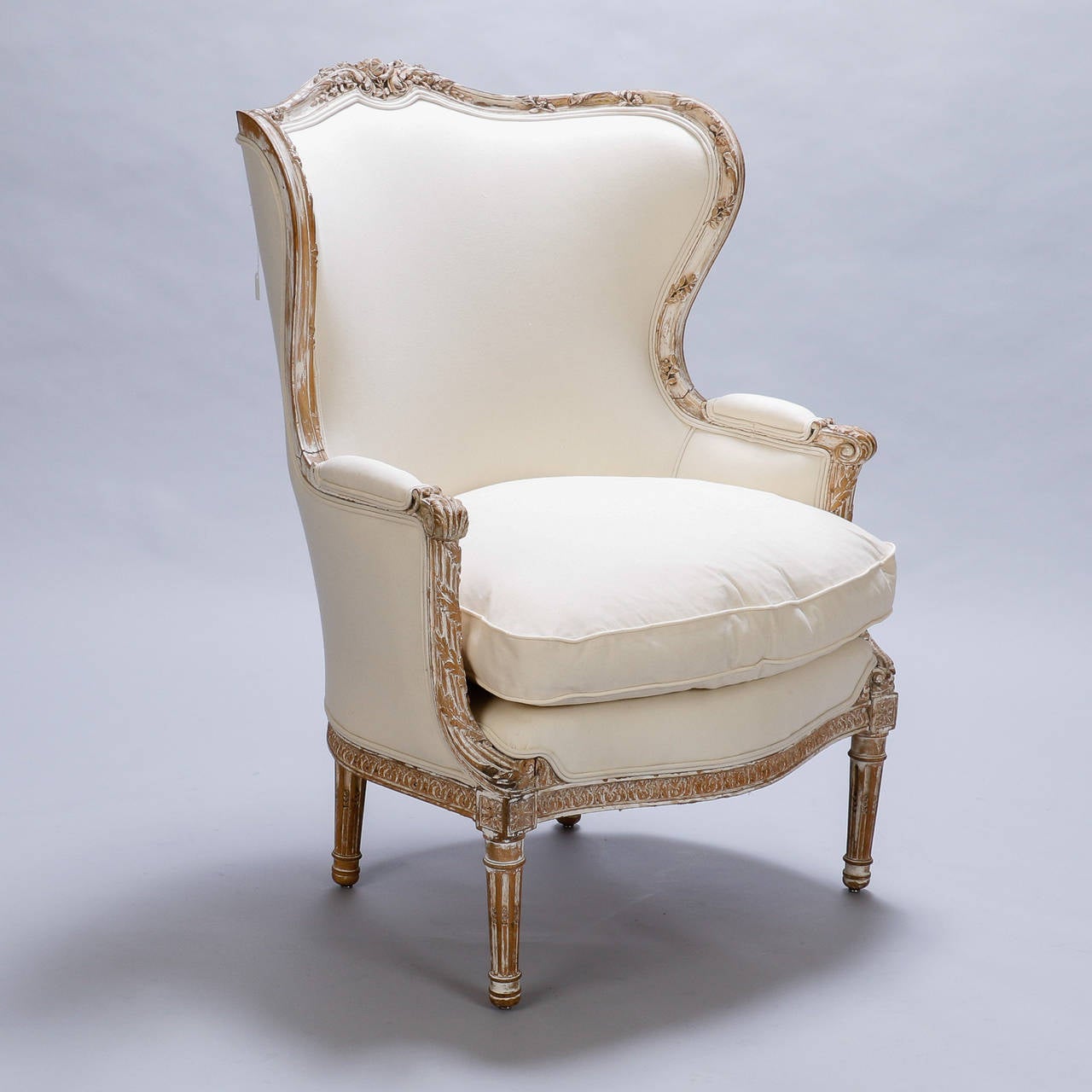 French Large Wing-Back Bergere with Carved and Painted Frame