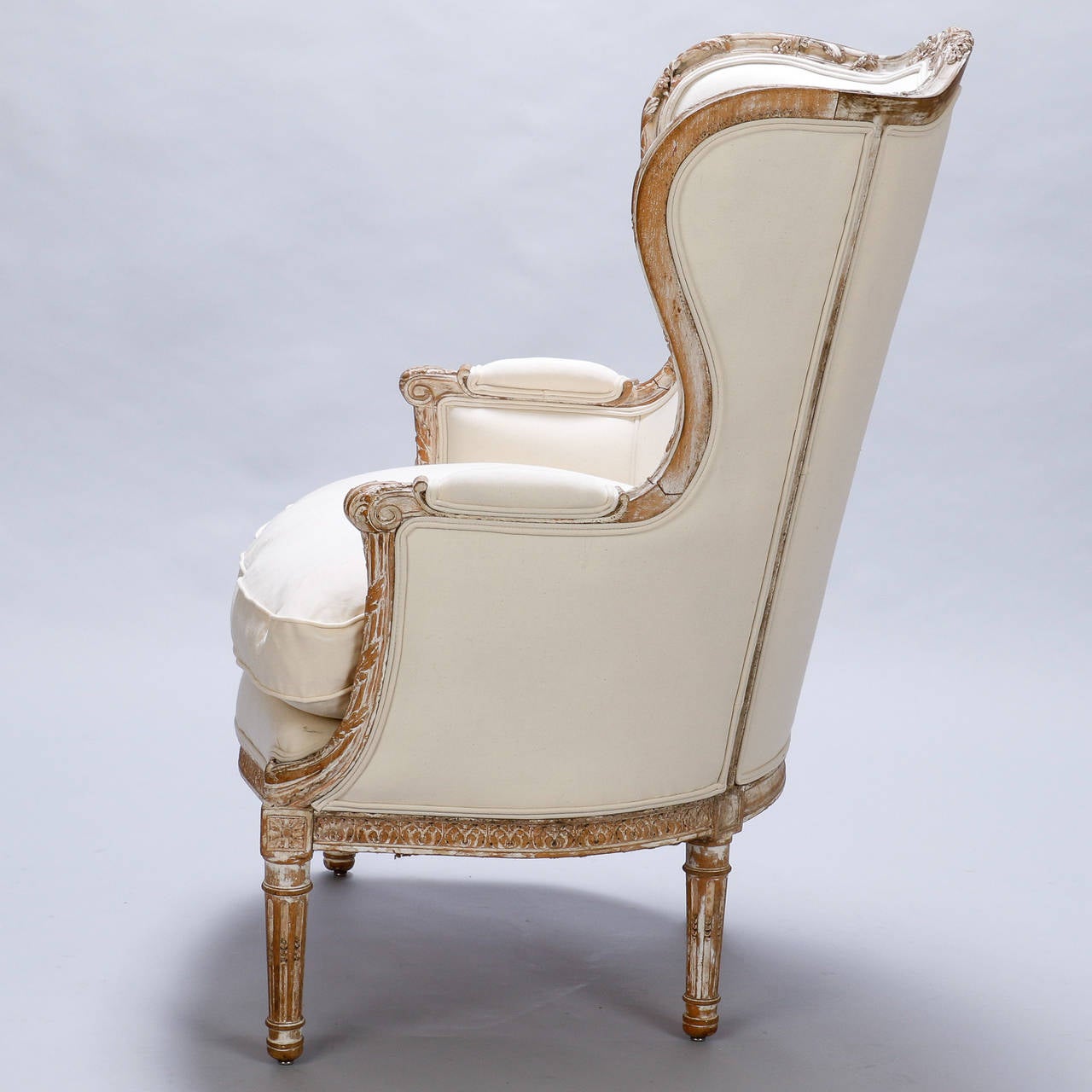 Upholstery Large Wing-Back Bergere with Carved and Painted Frame