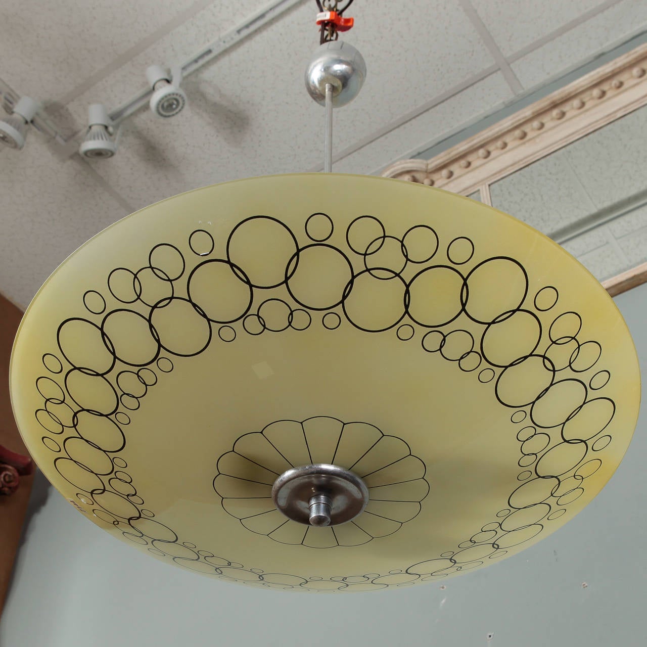 German Mid Century Pale Yellow Glass and Brushed Chrome Ceiling Fixture