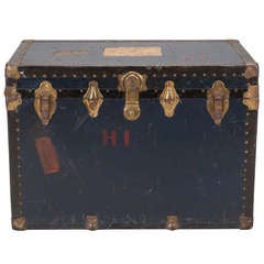 Antique Blue Traveling Trunk Made With Pressboard and Brass