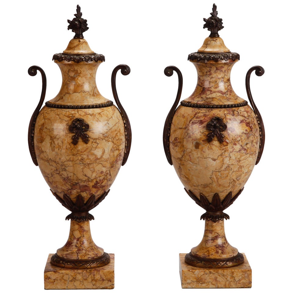 Pair Tall French Marble Urns With Bronze Mounts