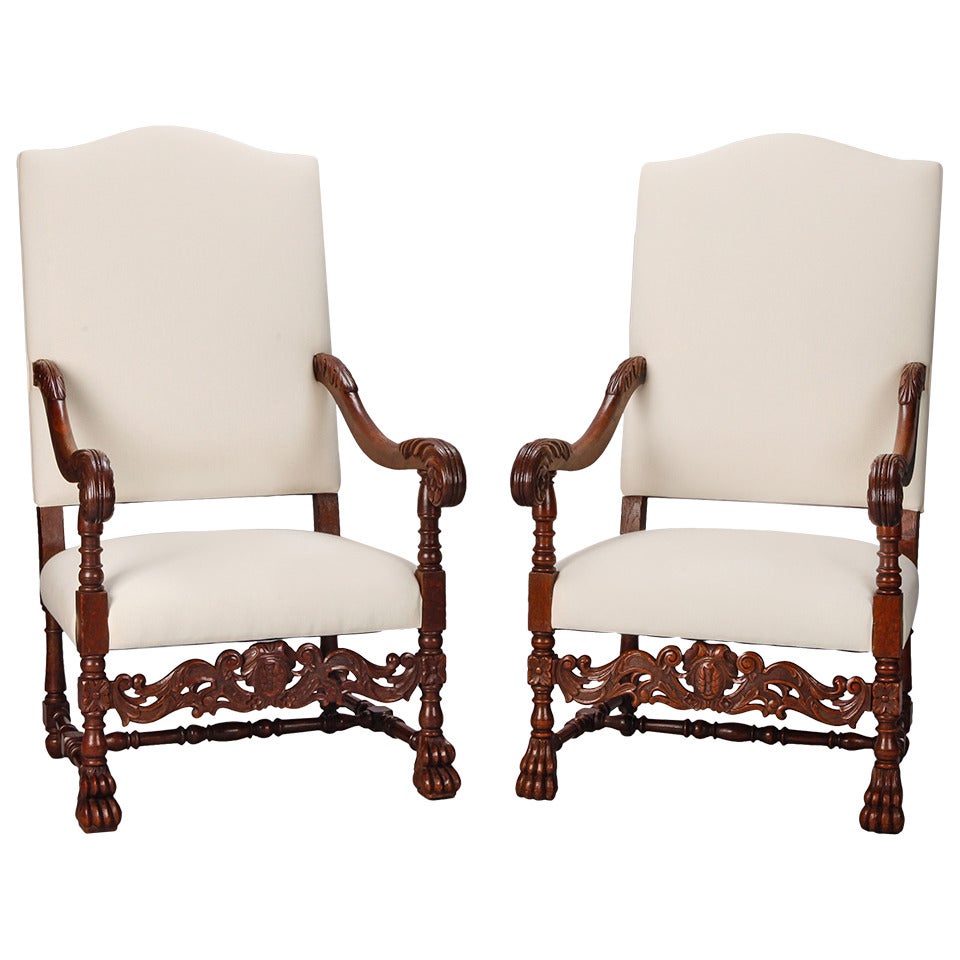 Pair 19th Century French Carved Walnut Throne Chairs