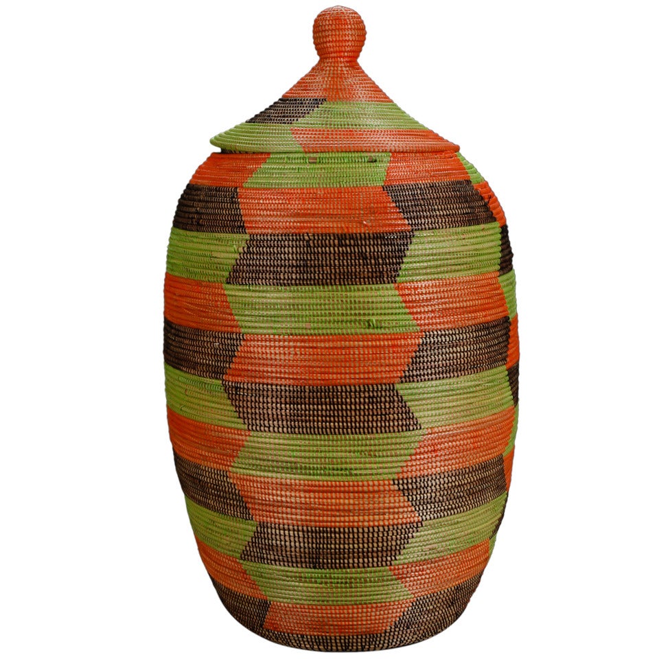 Tall Colorful Hand Woven Lidded Basket from Senegal
