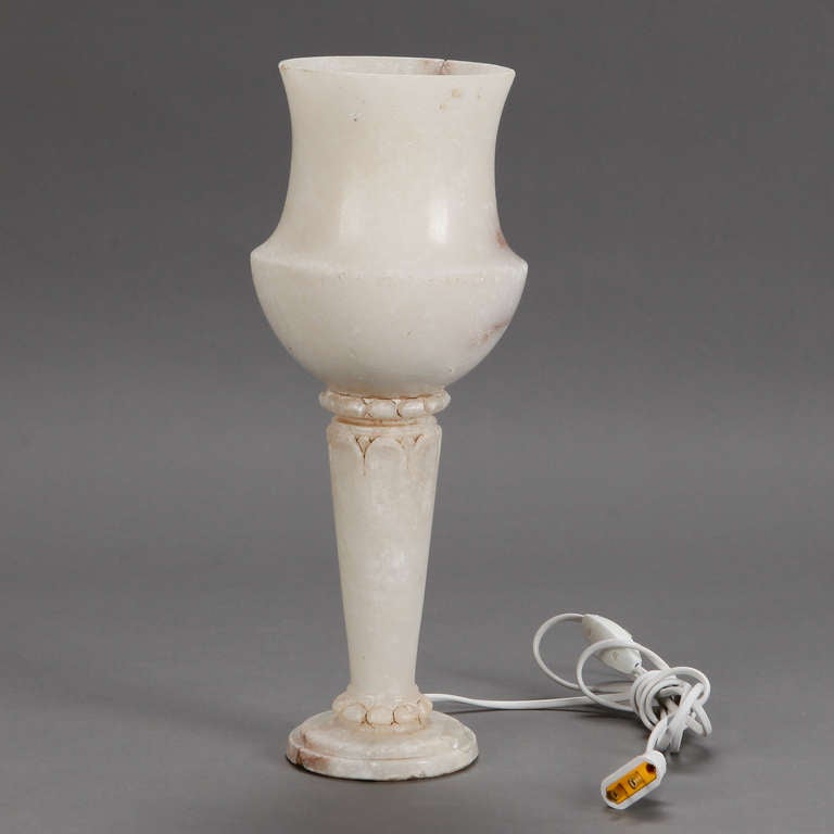 Italian all alabaster table lamp with pedestal base and open vessel form top, circa 1920s. Diameter of base is 4.25” and widest part of top is 6.5” diameter. New electrical wiring for US standards. Similar styles in varying shapes and sizes also