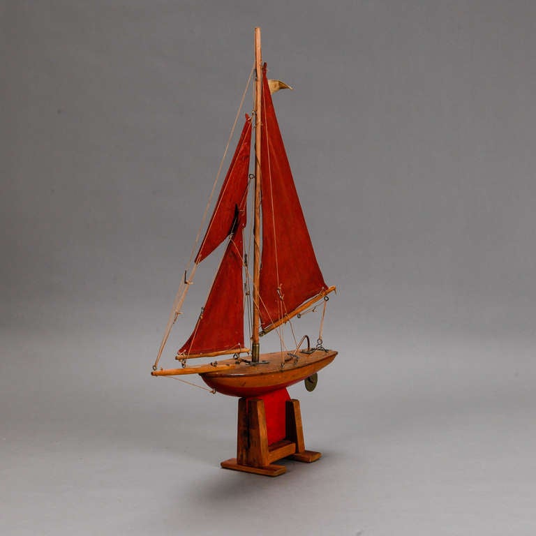 Wood English Pond Boat With Red Sails and Rudder