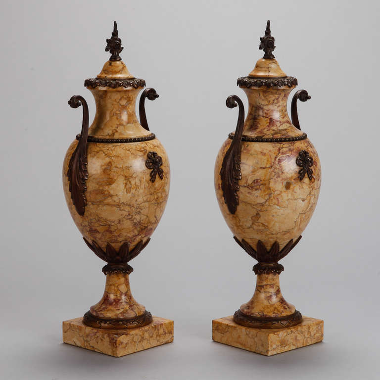 Neoclassical Pair Tall French Marble Urns With Bronze Mounts