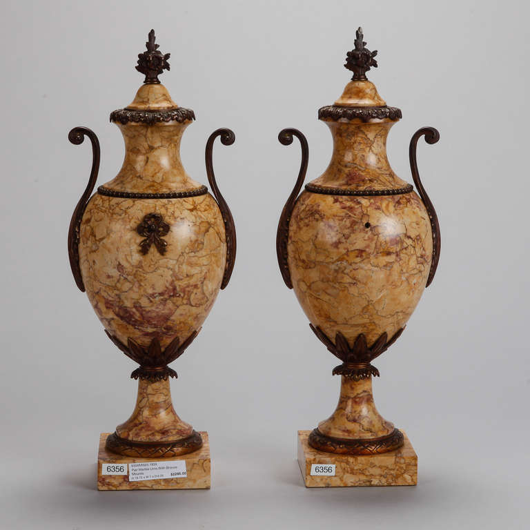 Pair Tall French Marble Urns With Bronze Mounts In Good Condition In Troy, MI