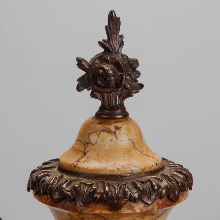 Mid-20th Century Pair Tall French Marble Urns With Bronze Mounts